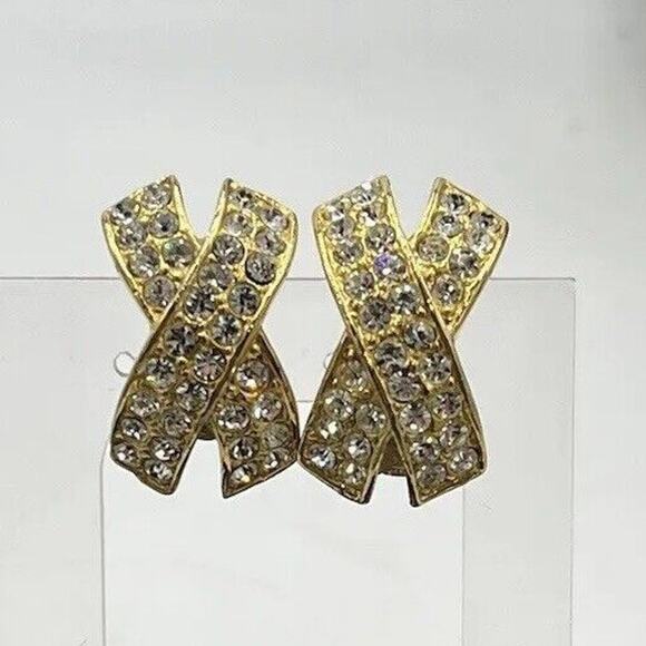 Vintage Estate Rhinestone Encrusted Pave Gold Tone X Shaped Clip On Earrings - Picture 1 of 10